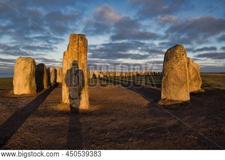 Ales Stenar Megalithic Monument Near Ystad In Southern Sweden, Early Dawn, Amazing Light