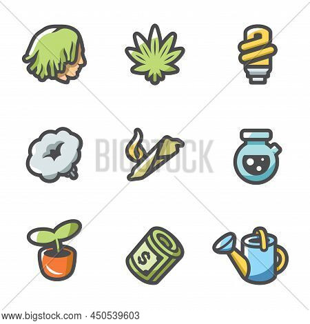 Vector Set Of Rastaman Icons. Dreadlocks, Marijuana, Light, Smoking, Drug, Bong, Hydroponics, Money,