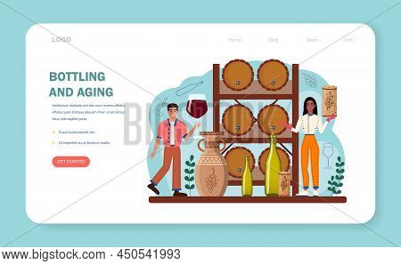 Wine Maker Web Banner Or Landing Page. Grape Wine Aging In A Wood Barrel