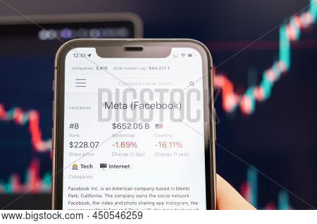 Meta Facebook Logo Of Stock Price On The Screen Of Smartphone In Mans Hand With Changing Trend On Th
