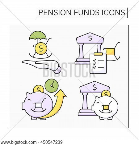 Pension Funds Color Icons Set. Accumulation Money Over Time, Investment, Private Pension, Claim. Eco