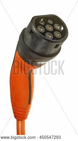 A Colored Charging Cable For Electric Cars Against A White Background.