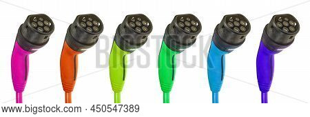 Colored Charging Cables For Electric Cars Against A White Background.