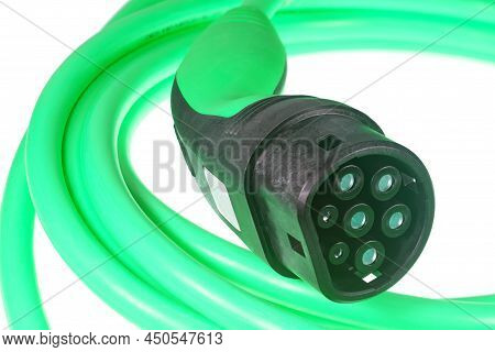 A Colored Charging Cable For Electric Cars Against A White Background.