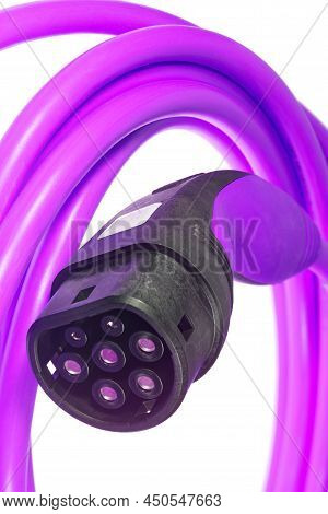 A Colored Charging Cable For Electric Cars Against A White Background.