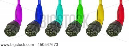 Colored Charging Cables For Electric Cars Against A White Background.