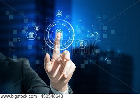 Close Up Of Man Hand Pointing At Abstract Glowing Id Fingerprint Web Protection And Security Interfa