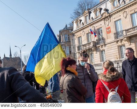 Strasbourg, France - Mar 6, 2022: Blue Yellow Flag As Hundreds Of Demonstrators Gathered In Front Of