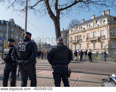 Strasbourg, France - Mar 6, 2022: Police Officers Surveilling The Zone As Hundreds Of Demonstrators 