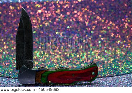 Damask Hand-forged Knife Made Of Several Layers Of Steel With An Exclusive Pattern Photographed In T
