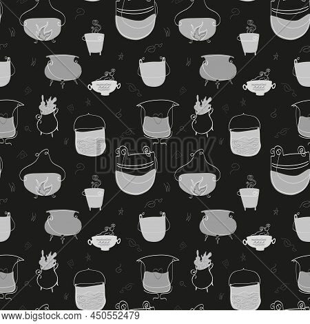Seamless Monochrome Hand Drawn Vector Pattern Of Cauldrons For Witchcraft And Making Potions On Blac