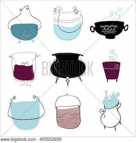 Set Of Various Cauldrons For Whitchcraft And Making Potions In Handdrawn Style.