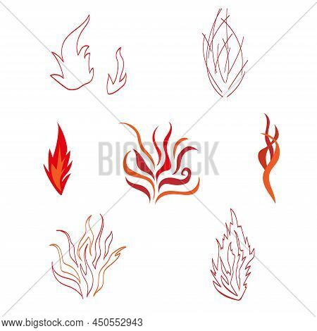 Set Of Various Flames And Fire In Handdrawn Style.