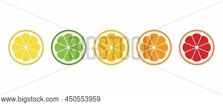 Fresh Citrus Fruit Vector Icons Set. Citrus Slices Set Lemon, Orange, Lime, Grapefruit And Mandarin