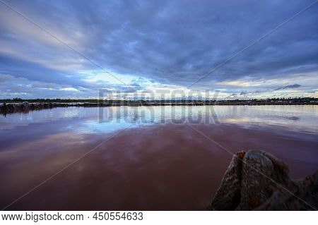 Private Lakes For Extraction Of Pink Salt In The Evening, Sad Background, Photography, Wide Angle, C
