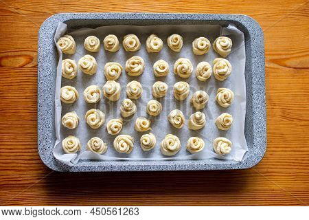 Dough For Home Baking In A Metal Baking Tray. Top View. Dough For Making Homemade Small Buns. Home C