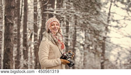 Inspiration Create Something Special. Girl With Vintage Camera In Snowy Nature. Traveling Concept. C