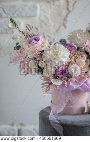 Original Flower Bouquets On A White Gray Background. Beautiful Composition With Pink And White Flowe