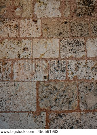 Old Gray Brick Wall. Photo Of Surface Of Vintage Stony Wall. Wide Angle. Vintage Clinker Pattern. Gr