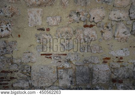 Old Gray Brick Wall. Photo Of Surface Of Vintage Stony Wall. Wide Angle. Vintage Clinker Pattern. Gr