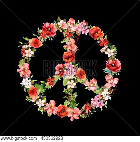 Peace Sign With Flowers. Beautiful Floral Watercolor Illustration With Antiwar, Not War Symbol