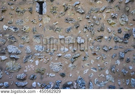 Old Gray Brick Wall. Photo Of Surface Of Vintage Stony Wall. Wide Angle. Vintage Clinker Pattern. Gr