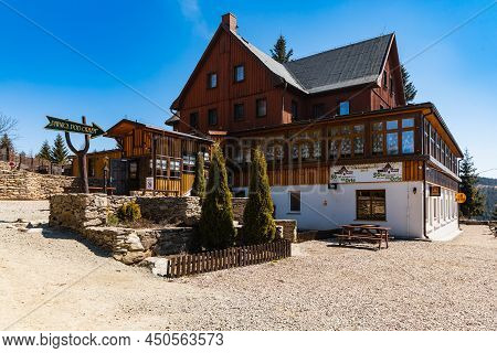 Owl Mountains, Poland - April 2021: Building Of Orzel Mountain Shelter In Owl Mountains