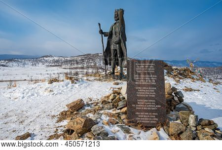 Siberia, Russia : 29-02-2020 : The Baikal Wanderer Monument Installed On The Mountain In The Lake Ba