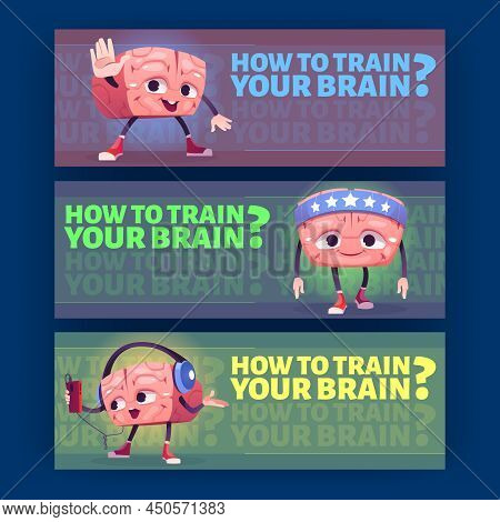 How To Train The Brain Cartoon Banners With Marrow Character Wear Bandana And Sneakers Listen Music 