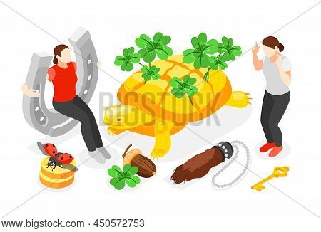 Lucky Symbols Isometric Composition With Big Turtle Decorated By Clover Leaves Rabbit Foot And Acorn