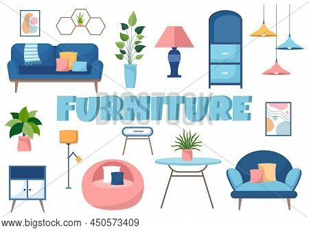 Home Furniture Flat Design Illustration For The Living Room To Be Comfortable Like A Sofa, Desk, Cup