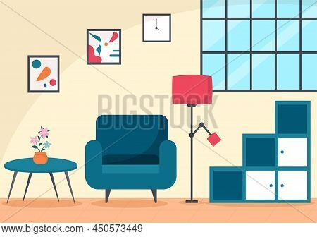 Home Furniture Flat Design Illustration For The Living Room To Be Comfortable Like A Sofa, Desk, Cup