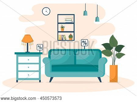 Home Furniture Store Flat Design Illustration For The Living Room To Be Comfortable Like A Sofa, Des