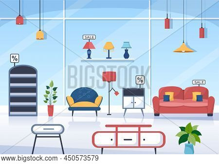 Home Furniture Store Flat Design Illustration For The Living Room To Be Comfortable Like A Sofa, Des