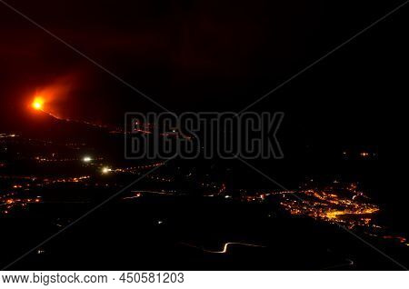 Volcanic Eruption Of Cumbre Vieja, Aridane Valley And The Village Of Tazacorte On The Right At Night