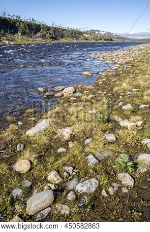 View Of The River Goahtemuorjohka, Kvalsund, Finnmark, Norway
