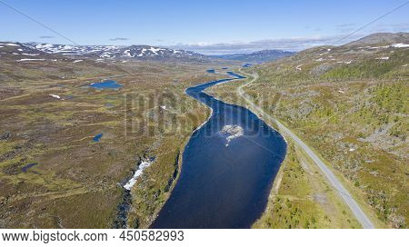 Aerial View Of The River Goahtemuorjohka, Kvalsund, Finnmark, Norway
