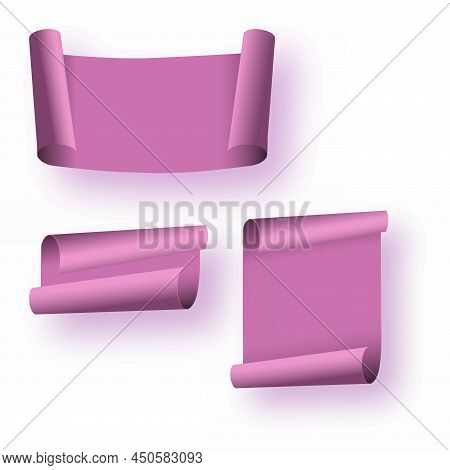 Set Of Purple Scroll Paper With Soft Shadow. Vector