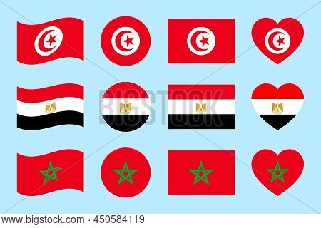 Tunisia, Egypt, Morocco Flag Vector Illustration. Egyptian, Tunisian, Moroccan States Official Symbo
