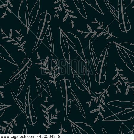 Seamless Vector Abstract Grey Floral Background With Leaves. Green, Black And White Split-leaf Philo