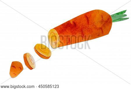 Hand-drawn Watercolor Papercut Orange Carrot. Bright Cute Kawaii Kidcore Style Illustration, Good Fo