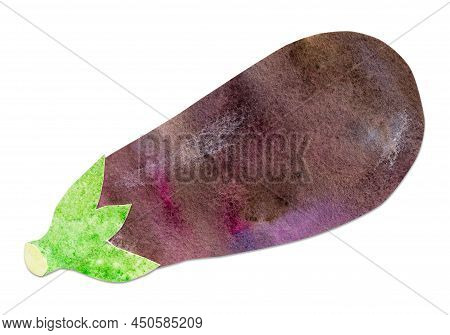 Hand-drawn Watercolor Papercut Eggplant Aubergine. Bright Cute Kawaii Kidcore Style Illustration, Go