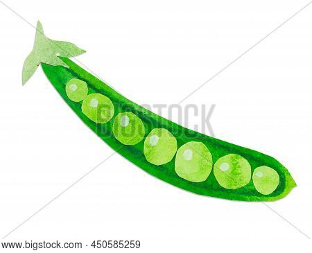 Hand-drawn Watercolor Papercut Green Peas. Bright Cute Kawaii Kidcore Style Illustration, Good For F