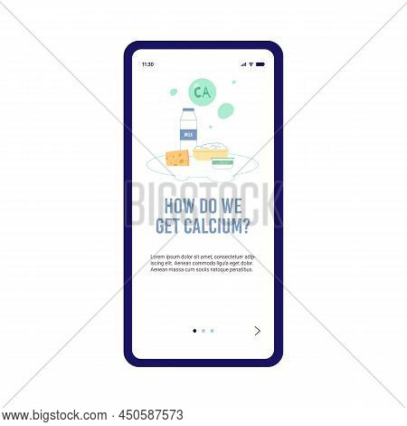 Onboarding Mobile App How To Provide Calcium From Food, Vector Illustration.