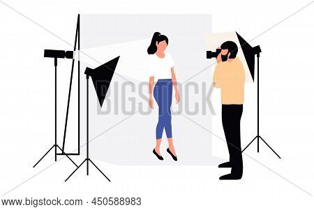 Professional Photographers Taking Pictures. Men And Woman Models Posing In Professional Photography 