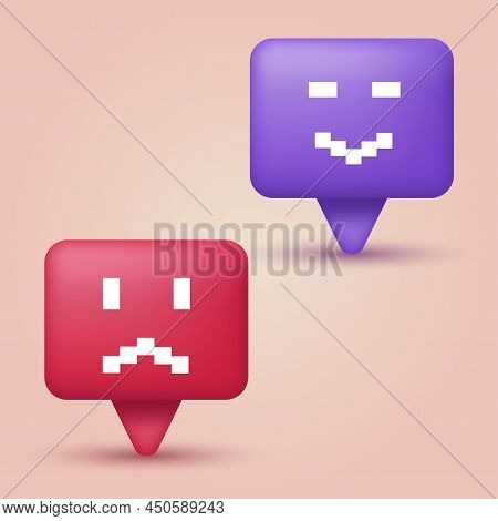 3D Cartoon Style Sad And Happy Speech Bubble. Vector