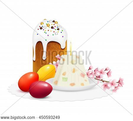 Eastern Orthodox Easter Realistic Composition With Traditional Sweet Cake Dyed Eggs Paskha And Bloom