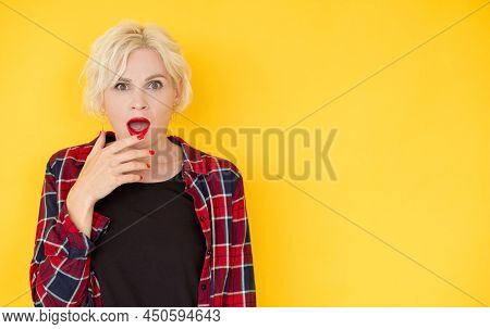 Shocked Information. Dumbfound Woman. Scary Situation. Unpleasantly Surprised Middle-aged Lady Looki