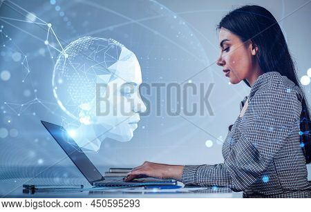Attractive Businesswoman In Formal Wear With Robot Face At Laptop Screen. Digital Interface With Lin