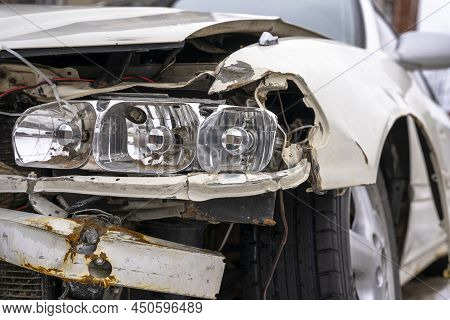 Damaged Emergency Car Headlight, Hood And Bumper, Jdm Japanese Car After The Accident